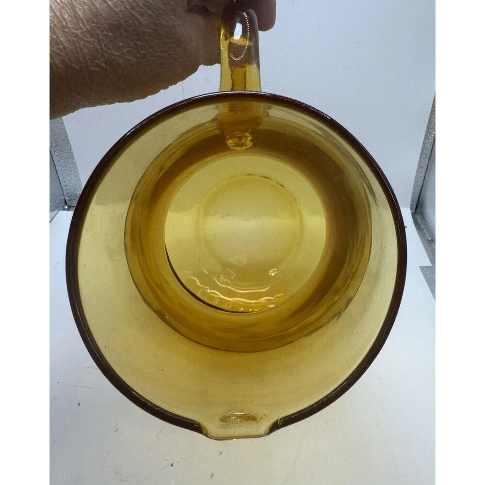 VTG Pilgrim Art Glass Optic Ridges MCM Amber brown Applied Handle Pitcher 8.5 In